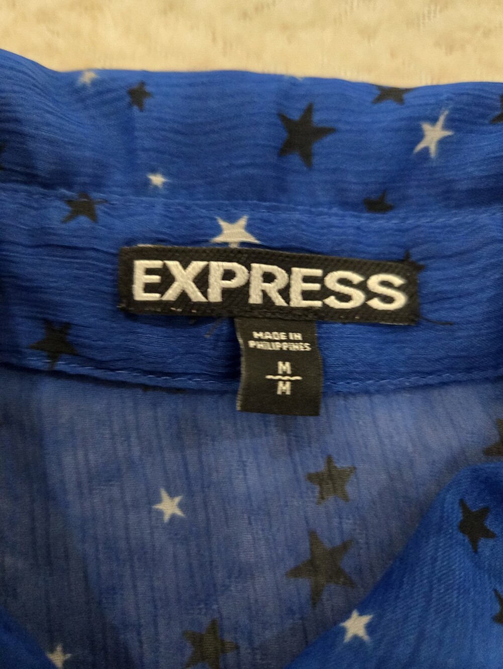 Express Blue Sheer Star Print Blouse Boho Chic Y2K Festival Top M - Picture 7 of 9